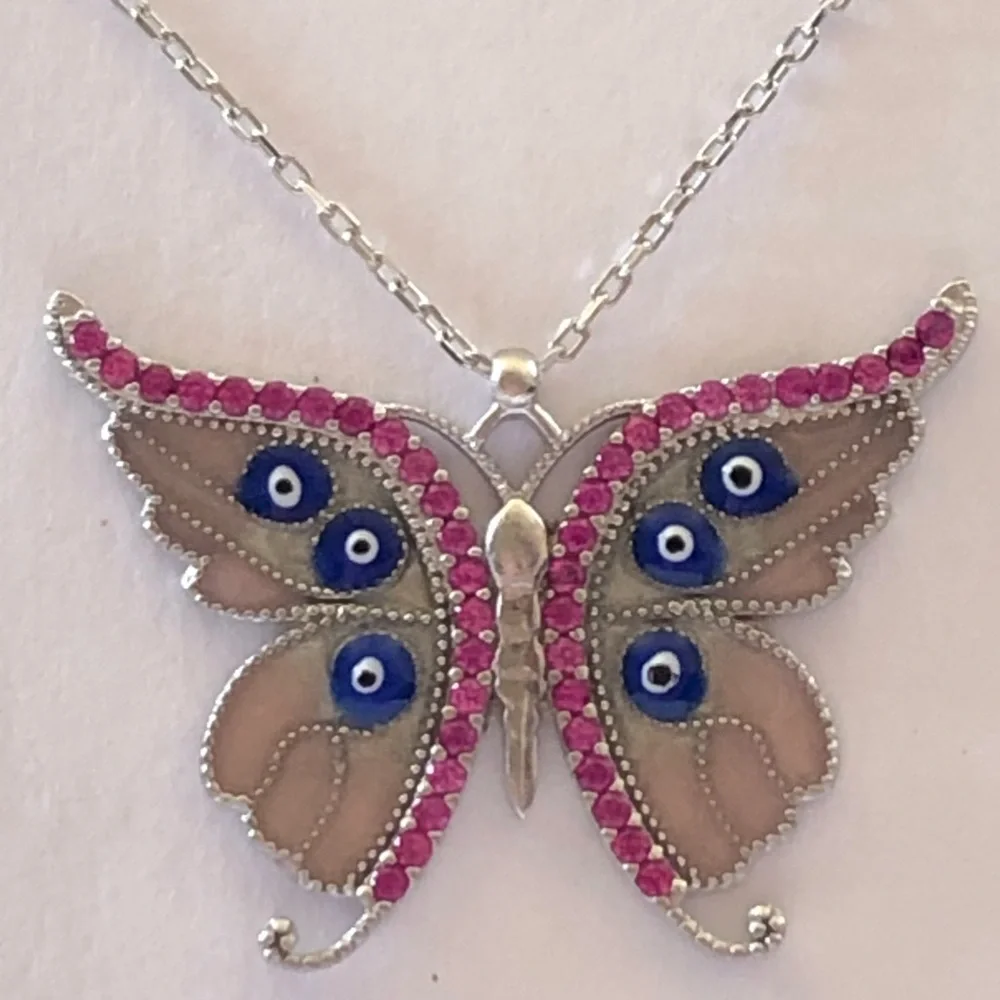 925 Silver pink butterfly evil eyes necklace
